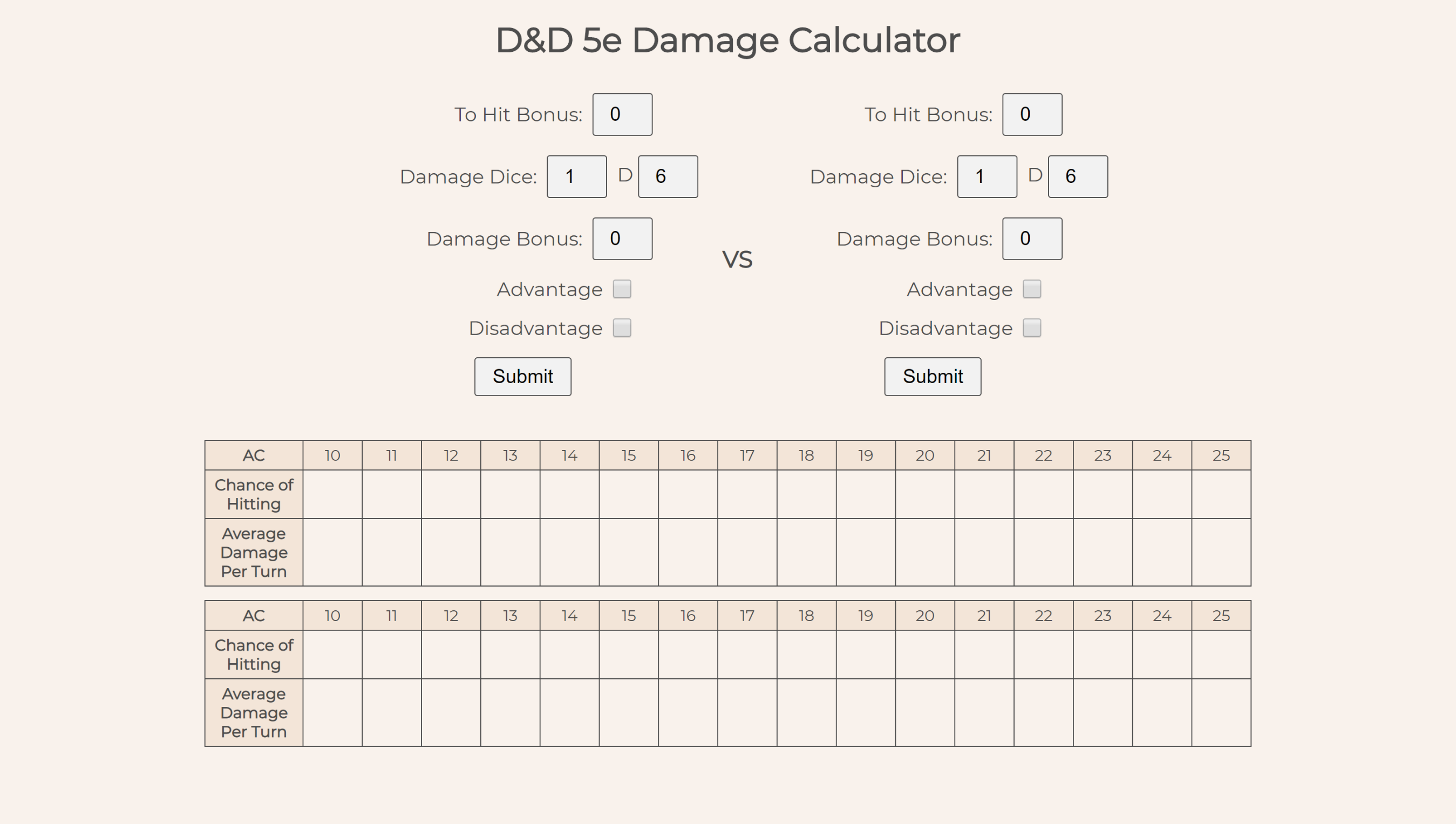 Damage Calculator Website